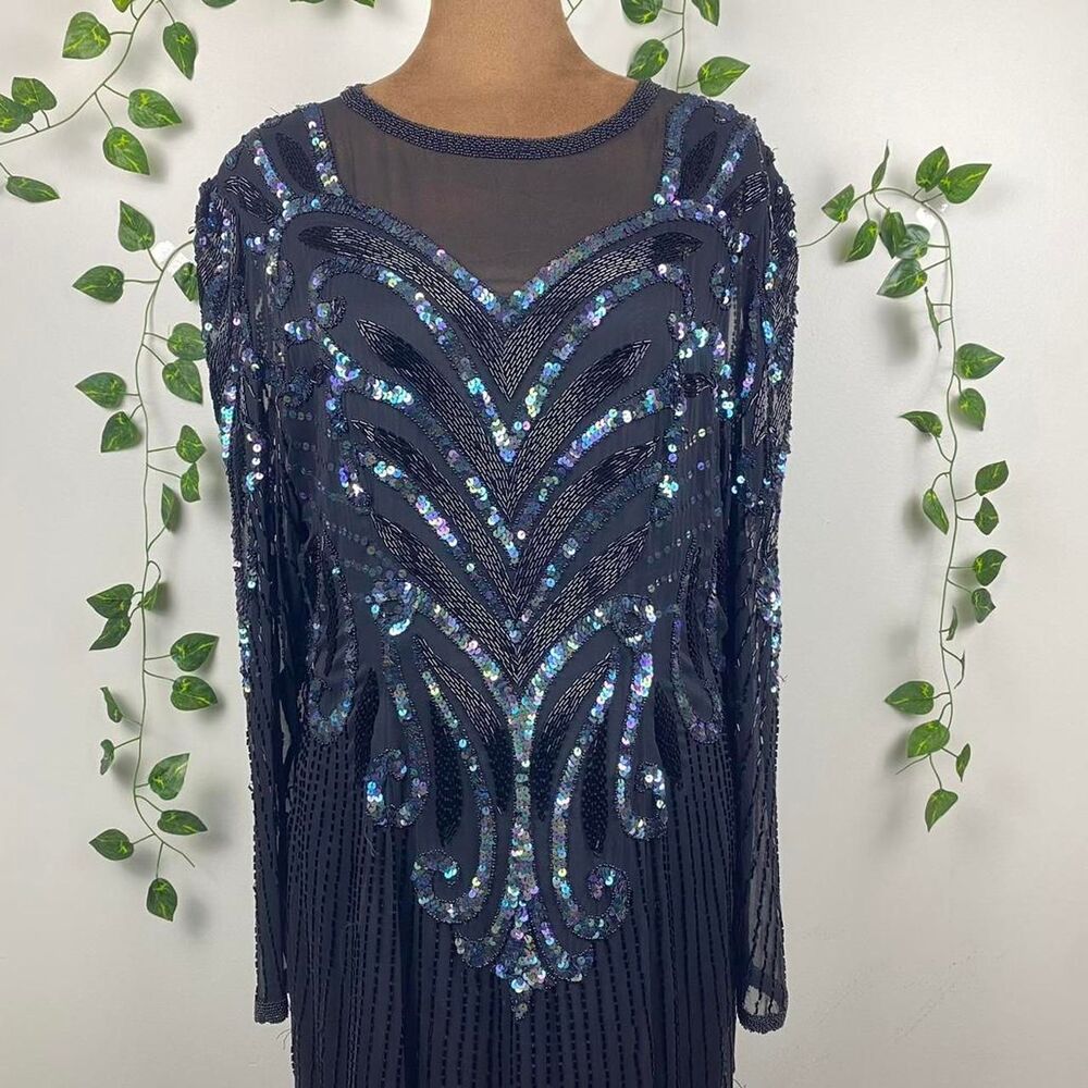 Vintage 80s Galleria glam midi dress iridescent beading sequin flapper 20s party